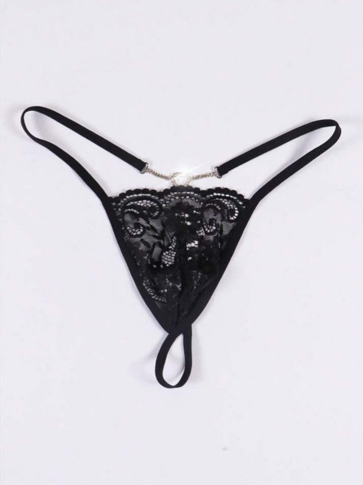 Mensuas Men's Black Lace Sheer Pearls Decor Metal Chain Sexy G-Striping Briefs Underwear